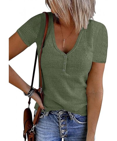 Women's 2024 Summer Short Sleeve Button V Neck Ribbed Shirts Top Solid Color Casual Tee Green $11.79 T-Shirts
