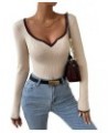 Women's Contrast Binding Sweetheart Neck Long Sleeve Sweaters Pullover Tops Apricot $17.81 Sweaters