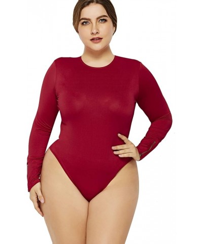 Womens Long Sleeve Slim Fit Bodysuit Soft Round Neck Solid Color Jumpsuit Leotard Top Burgundy $12.95 Bodysuits
