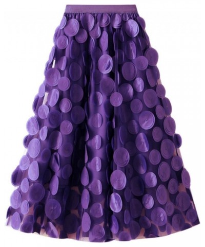 Tulle Skirt Women 3D Polka Dot Elastic Waist Mesh Flowy A-Line Layered Bubble Midi Skirts Wedding Halloween Party A1-purple $...