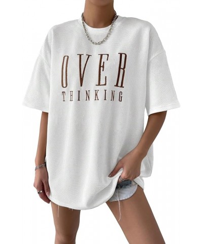 Women's Oversized Tees Ribbed Knit Graphic Letter Print Short Sleeve T Shirts Casual Loose Summer Tops White $12.60 T-Shirts